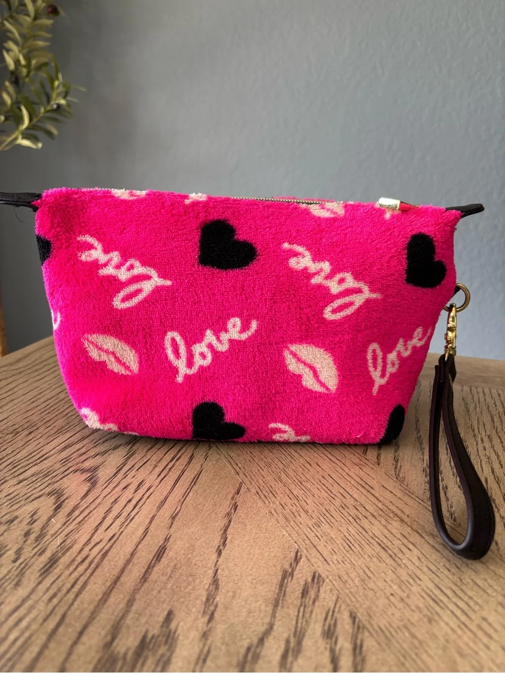 Betsey Johnson Pink Terry Cosmetic Bag Wristlet-NWOT